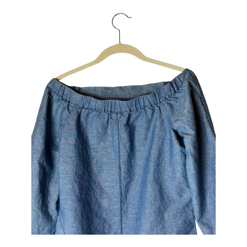 Free People Shirt Women‎ XS Blue Off The Shoulder Chambray Tie Cuff Top Boho